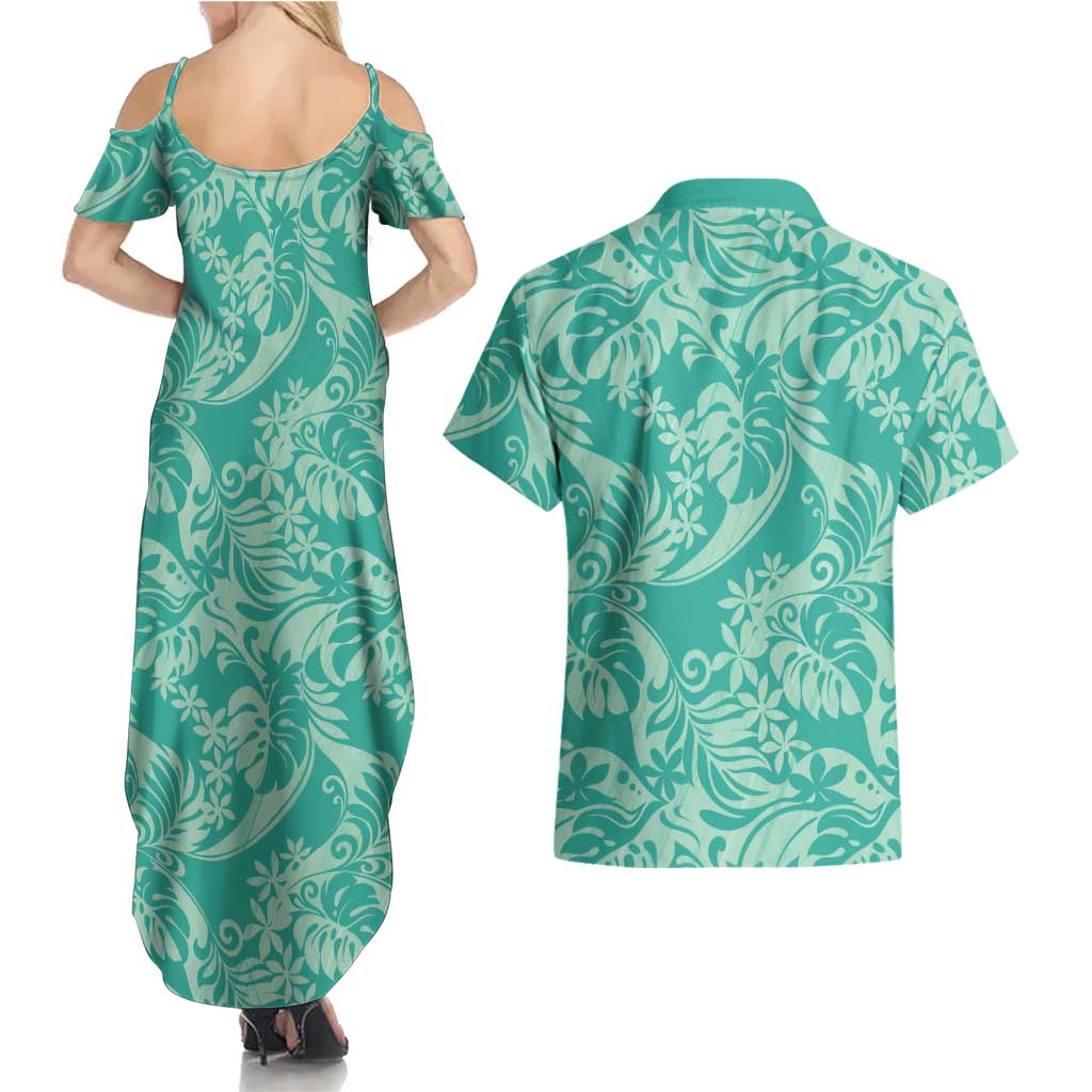 Tahiti Teal Tiare Floral Couples Matching Summer Maxi Dress and Hawaiian Shirt Monstera Palm Tropical Leaves - Polynesian Pride