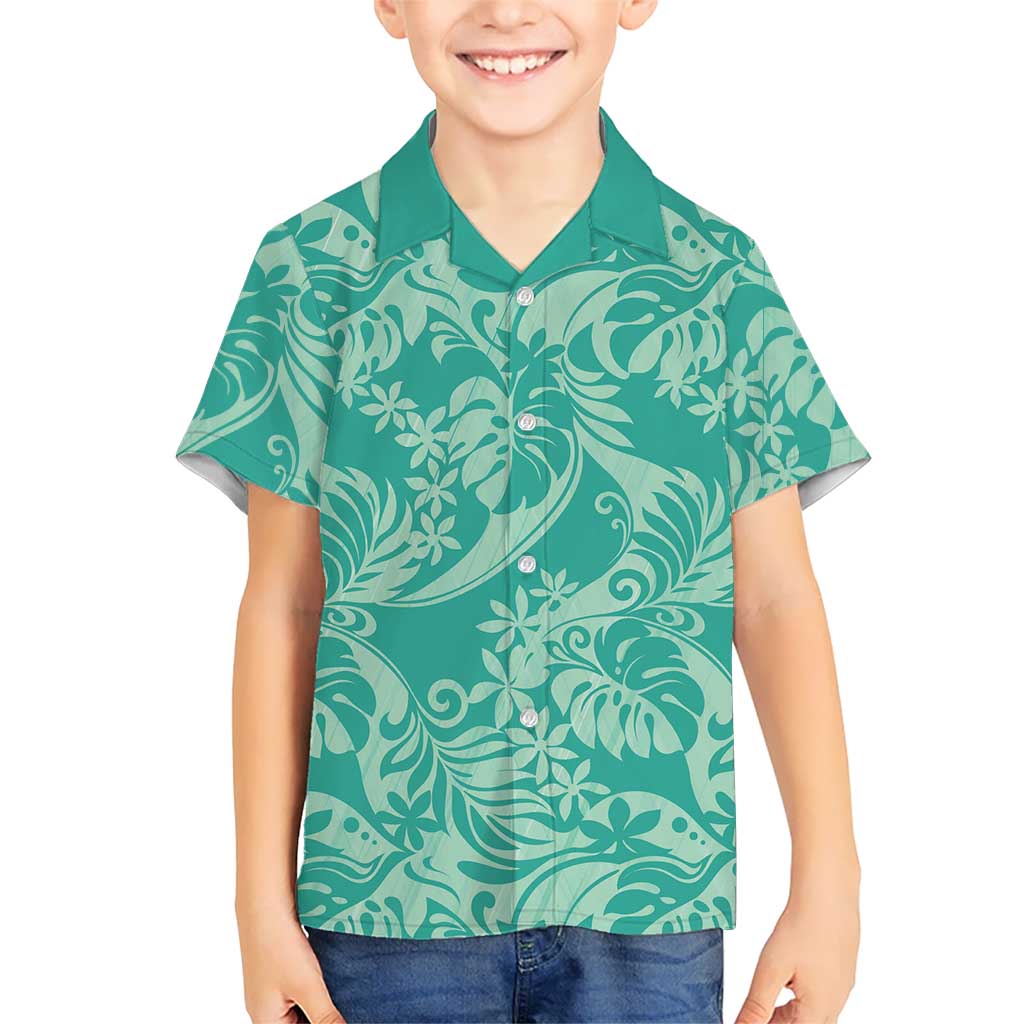 Tahiti Teal Tiare Floral Family Matching Long Sleeve Bodycon Dress and Hawaiian Shirt Monstera Palm Tropical Leaves LT01 Son's Shirt Teal - Polynesian Pride
