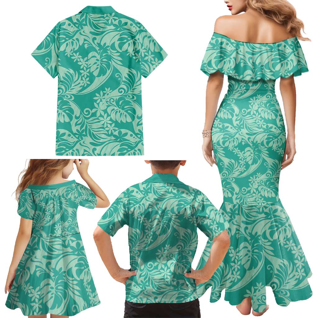 Tahiti Teal Tiare Floral Family Matching Mermaid Dress and Hawaiian Shirt Monstera Palm Tropical Leaves LT01 - Polynesian Pride