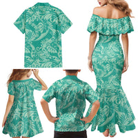 Tahiti Teal Tiare Floral Family Matching Mermaid Dress and Hawaiian Shirt Monstera Palm Tropical Leaves LT01 - Polynesian Pride