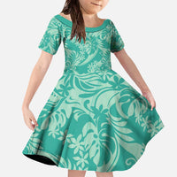 Tahiti Teal Tiare Floral Family Matching Off The Shoulder Long Sleeve Dress and Hawaiian Shirt Monstera Palm Tropical Leaves - Polynesian Pride