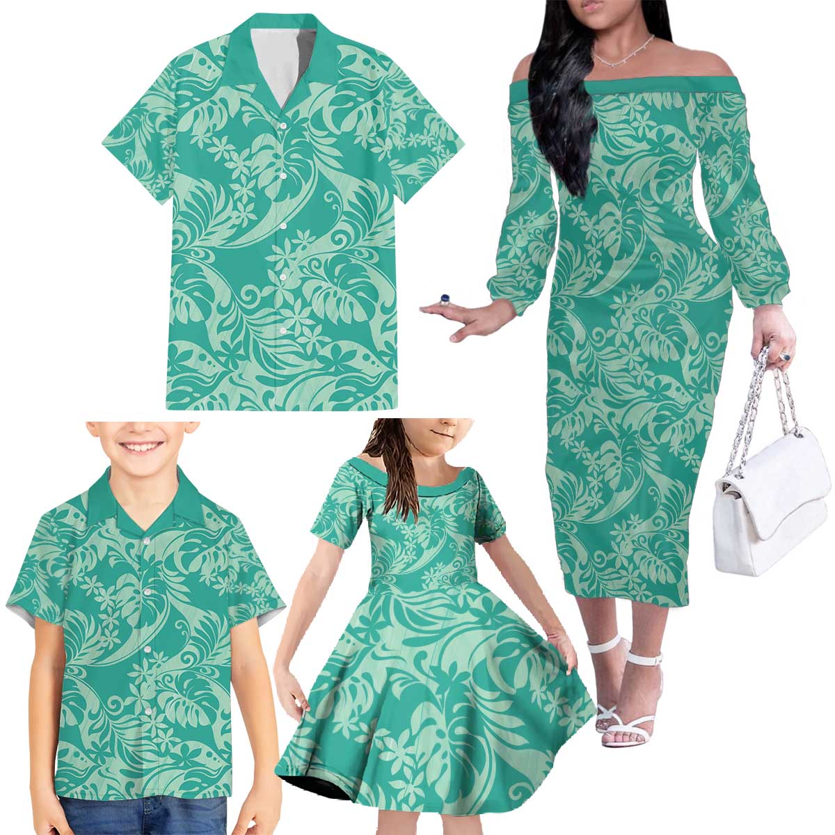 Tahiti Teal Tiare Floral Family Matching Off The Shoulder Long Sleeve Dress and Hawaiian Shirt Monstera Palm Tropical Leaves - Polynesian Pride