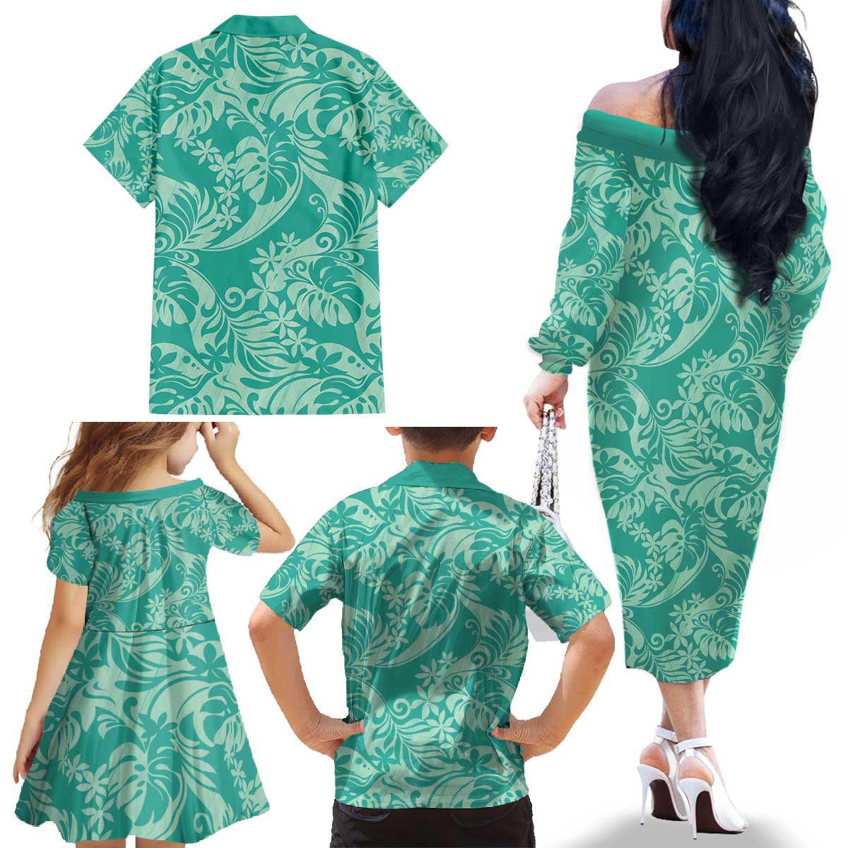 Tahiti Teal Tiare Floral Family Matching Off The Shoulder Long Sleeve Dress and Hawaiian Shirt Monstera Palm Tropical Leaves - Polynesian Pride