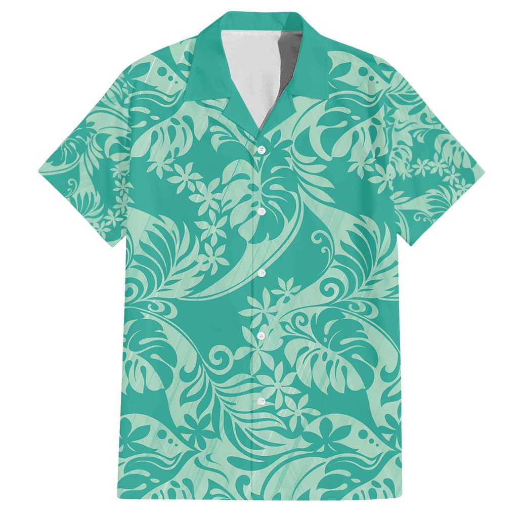 Tahiti Teal Tiare Floral Family Matching Off Shoulder Maxi Dress and Hawaiian Shirt Monstera Palm Tropical Leaves - Polynesian Pride