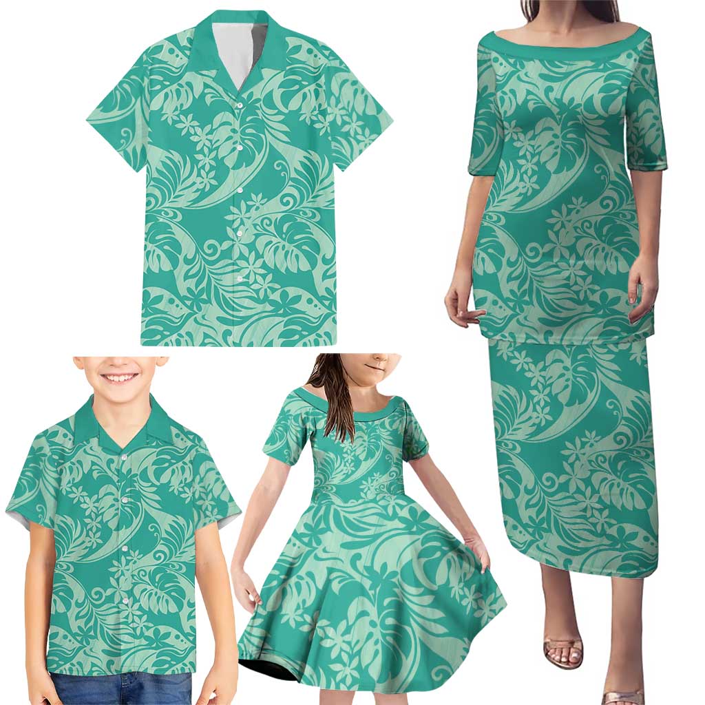 Tahiti Teal Tiare Floral Family Matching Puletasi and Hawaiian Shirt Monstera Palm Tropical Leaves - Polynesian Pride