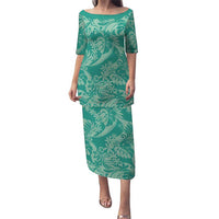 Tahiti Teal Tiare Floral Family Matching Puletasi and Hawaiian Shirt Monstera Palm Tropical Leaves LT01 Mom's Dress Teal - Polynesian Pride