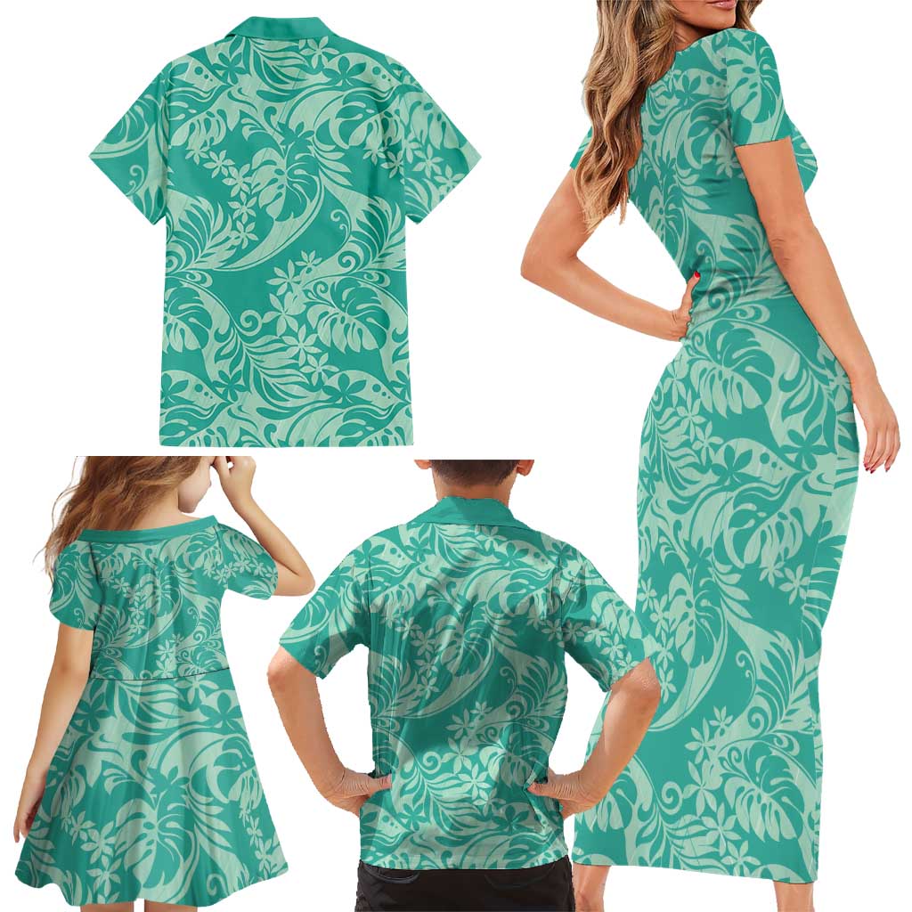 Tahiti Teal Tiare Floral Family Matching Short Sleeve Bodycon Dress and Hawaiian Shirt Monstera Palm Tropical Leaves LT01 - Polynesian Pride