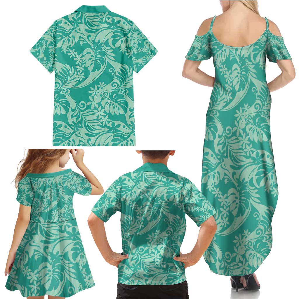 Tahiti Teal Tiare Floral Family Matching Summer Maxi Dress and Hawaiian Shirt Monstera Palm Tropical Leaves - Polynesian Pride