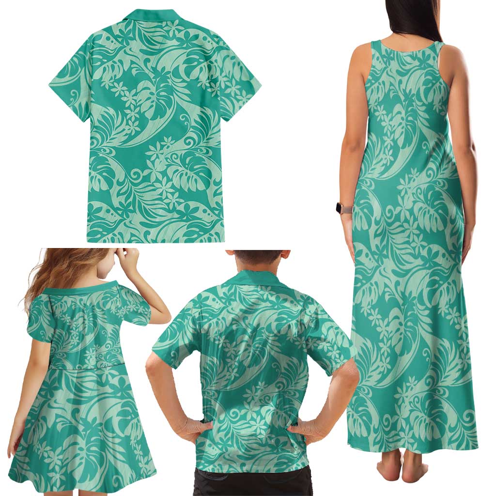 Tahiti Teal Tiare Floral Family Matching Tank Maxi Dress and Hawaiian Shirt Monstera Palm Tropical Leaves LT01 - Polynesian Pride