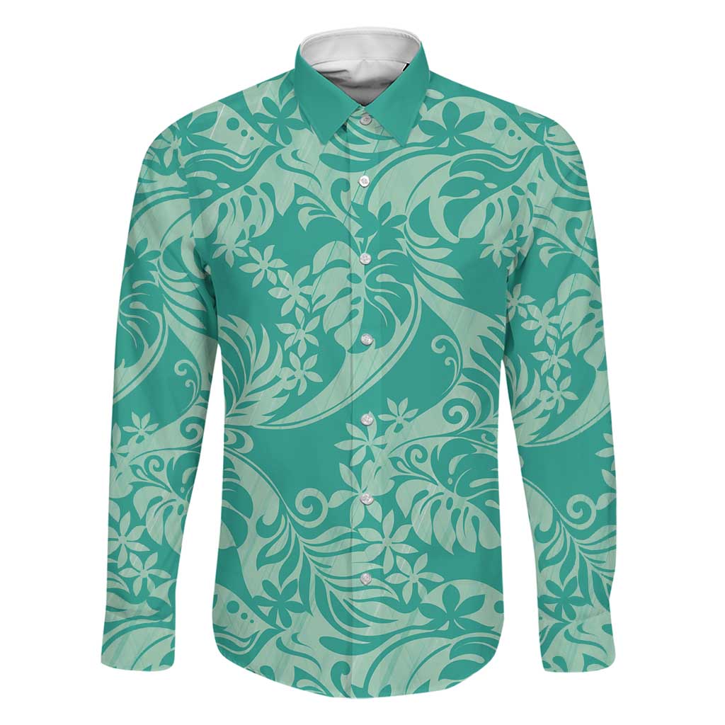 Tahiti Teal Tiare Floral Family Matching Tank Maxi Dress and Hawaiian Shirt Monstera Palm Tropical Leaves LT01 Dad's Shirt - Long Sleeve Teal - Polynesian Pride