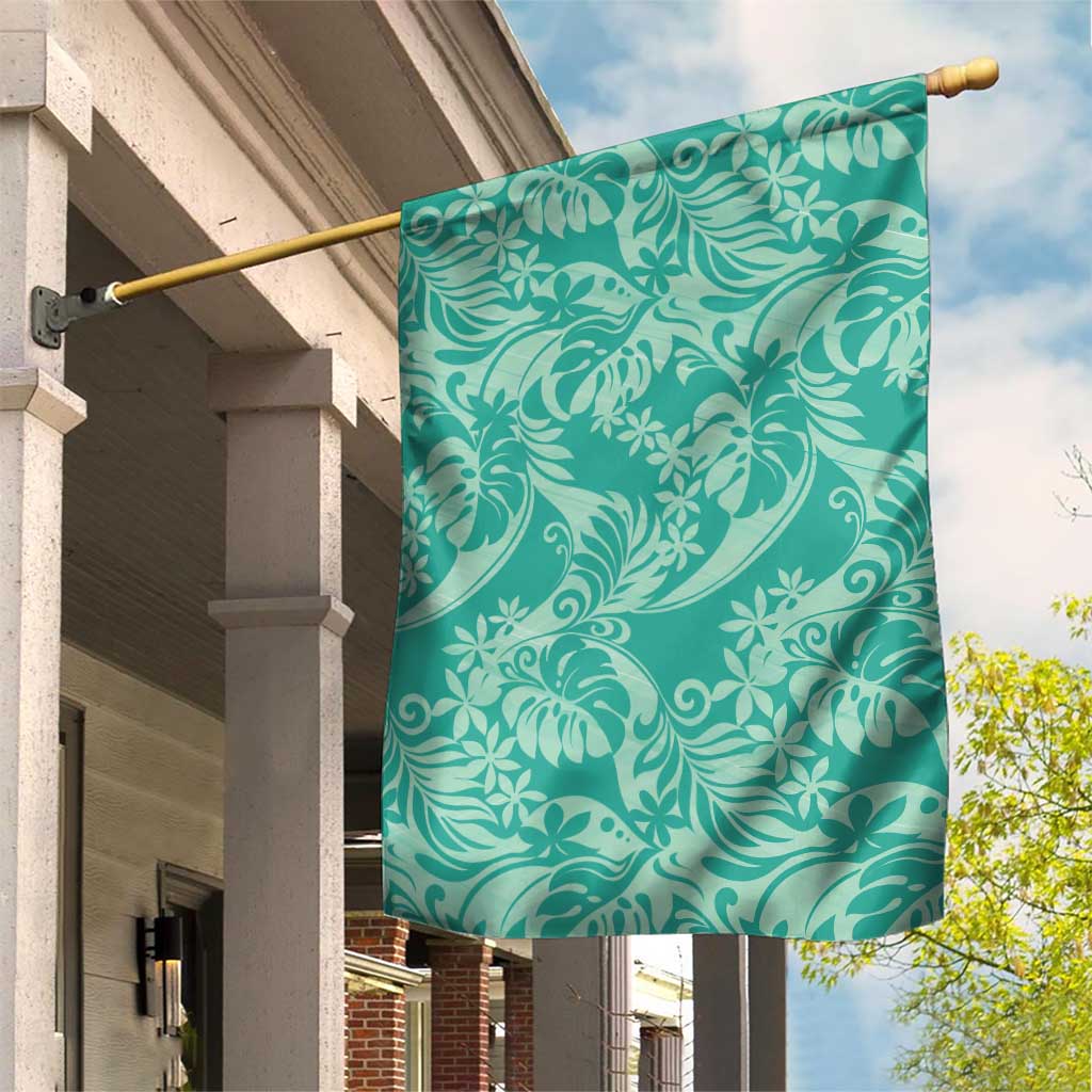 Tahiti Teal Tiare Floral Garden Flag Monstera Palm Tropical Leaves - Polynesian Pride