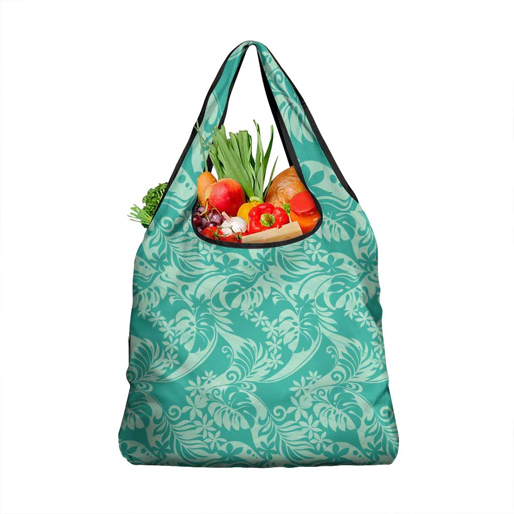 Tahiti Teal Tiare Floral Grocery Bag Monstera Palm Tropical Leaves - Polynesian Pride