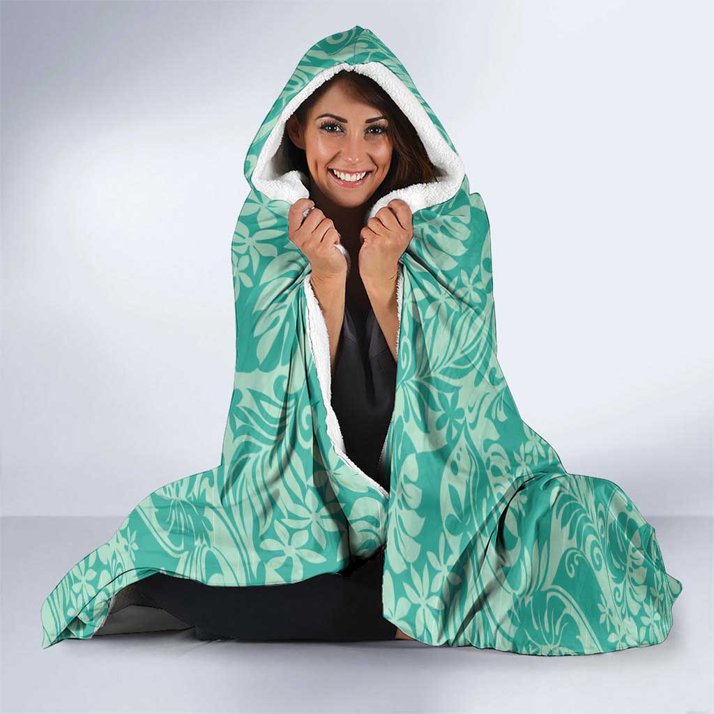 Tahiti Teal Tiare Floral Hooded Blanket Monstera Palm Tropical Leaves - Polynesian Pride