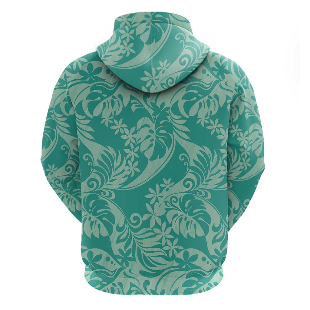 Tahiti Teal Tiare Floral Hoodie Monstera Palm Tropical Leaves - Polynesian Pride