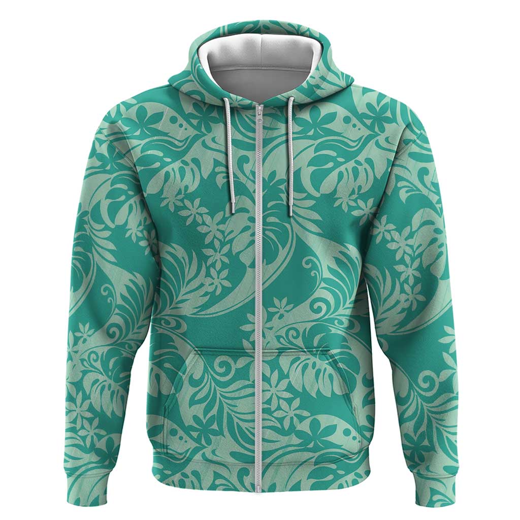 Tahiti Teal Tiare Floral Hoodie Monstera Palm Tropical Leaves - Polynesian Pride