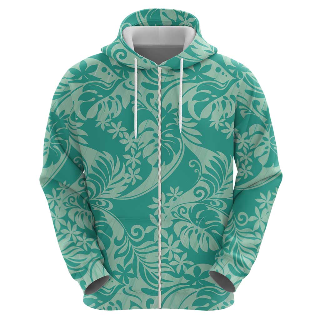 Tahiti Teal Tiare Floral Hoodie Monstera Palm Tropical Leaves - Polynesian Pride