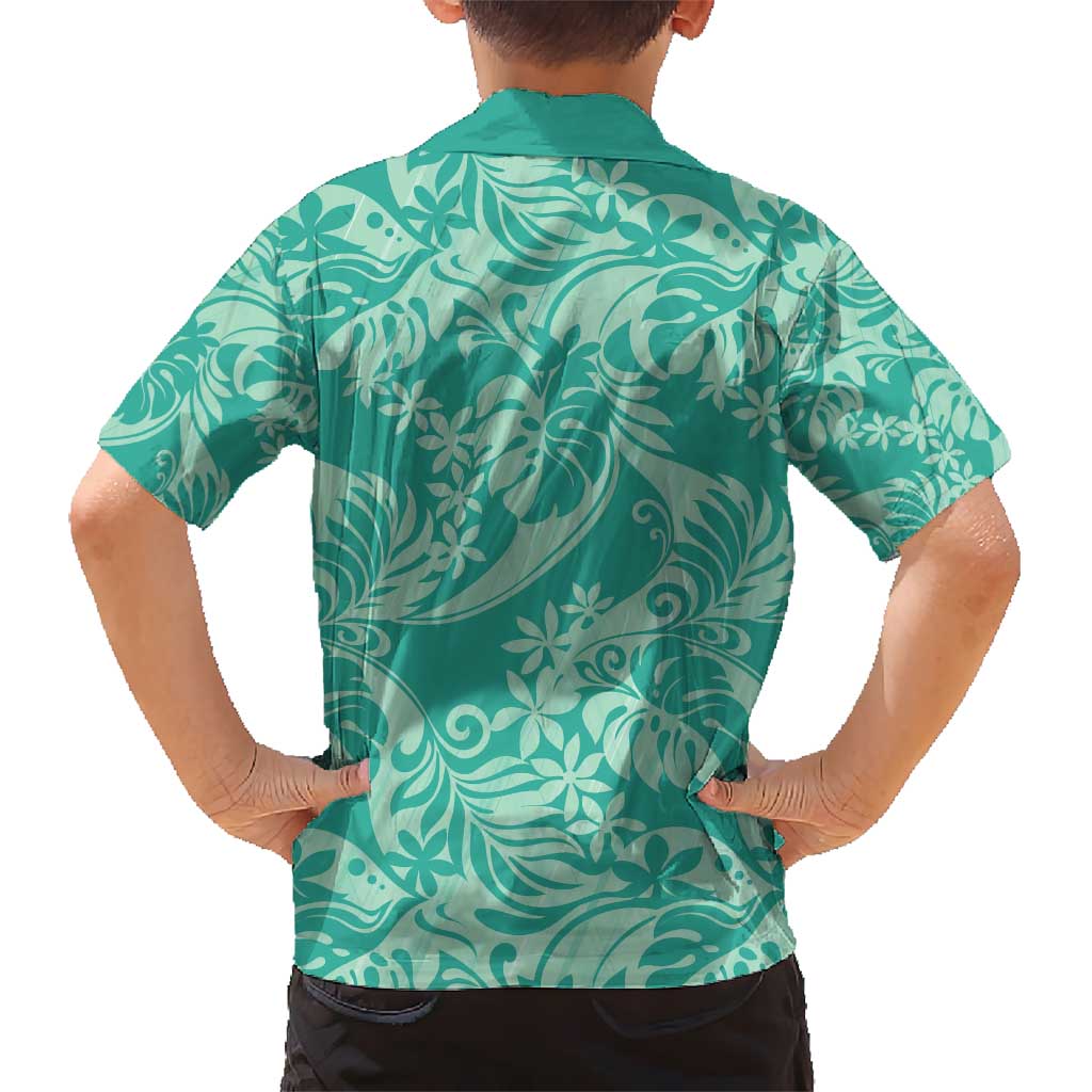 Tahiti Teal Tiare Floral Kid Hawaiian Shirt Monstera Palm Tropical Leaves - Polynesian Pride