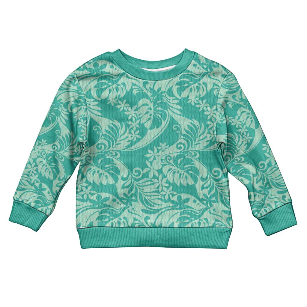 Tahiti Teal Tiare Floral Kid Ugly Christmas Sweater Monstera Palm Tropical Leaves - Polynesian Pride