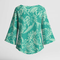 Tahiti Teal Tiare Floral Kimono Sleeve Blouse Monstera Palm Tropical Leaves - Polynesian Pride