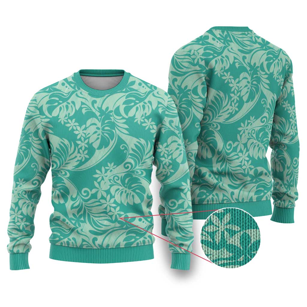 Tahiti Teal Tiare Floral Ugly Christmas Sweater Monstera Palm Tropical Leaves - Polynesian Pride