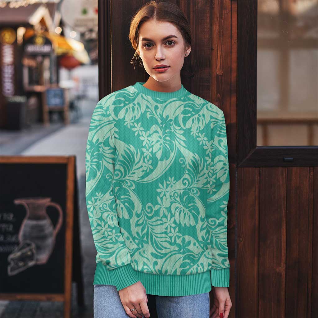 Tahiti Teal Tiare Floral Ugly Christmas Sweater Monstera Palm Tropical Leaves - Polynesian Pride