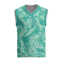 Tahiti Teal Tiare Floral Christmas Knitted V-Neck Vest Monstera Palm Tropical Leaves - Polynesian Pride