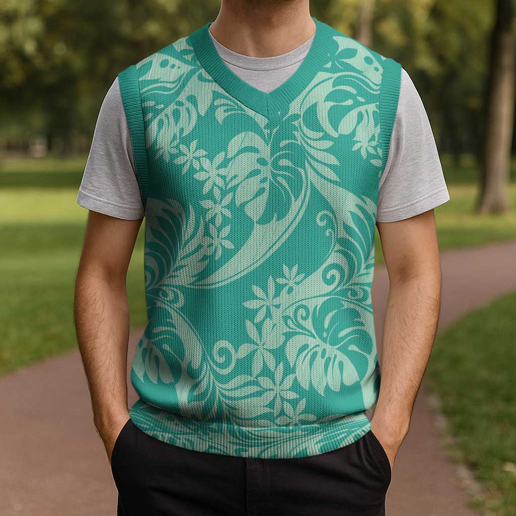 Tahiti Teal Tiare Floral Christmas Knitted V-Neck Vest Monstera Palm Tropical Leaves - Polynesian Pride