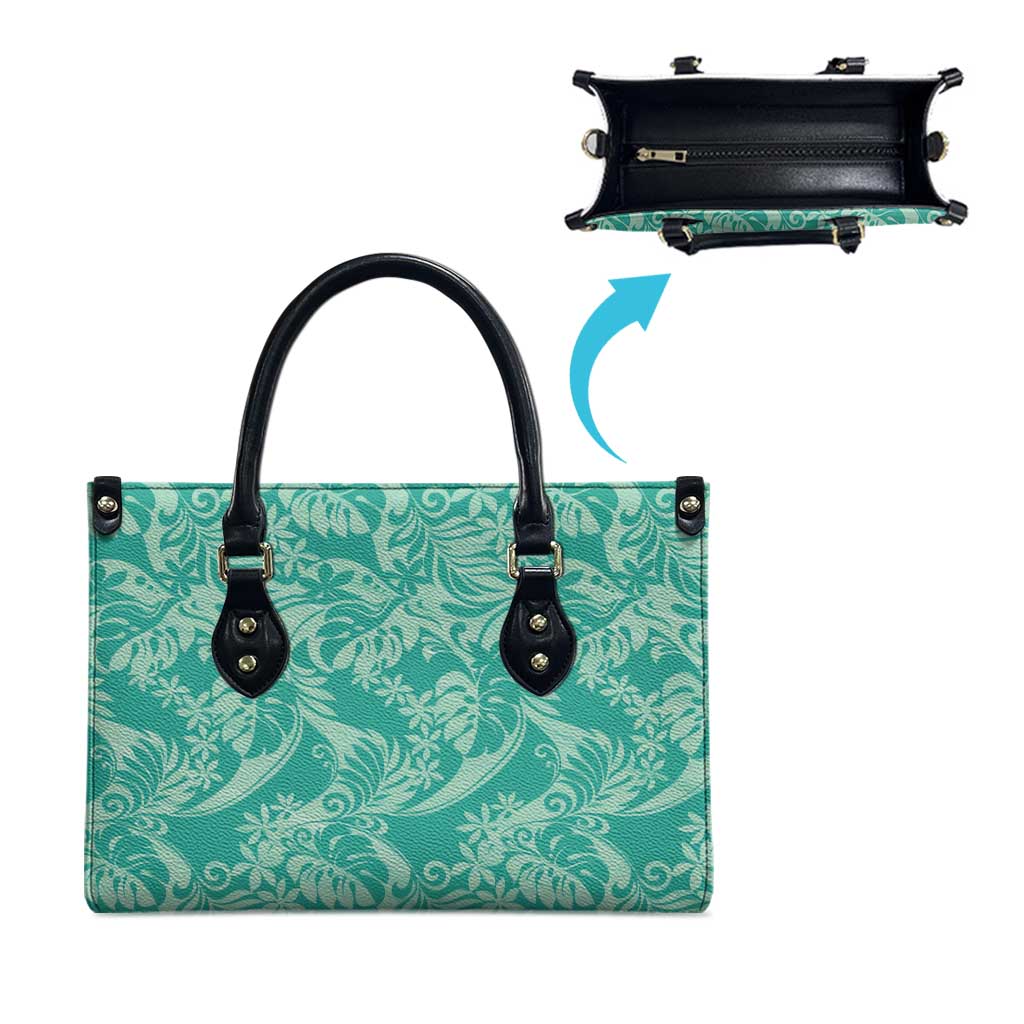 Tahiti Teal Tiare Floral Leather Bag Monstera Palm Tropical Leaves - Polynesian Pride