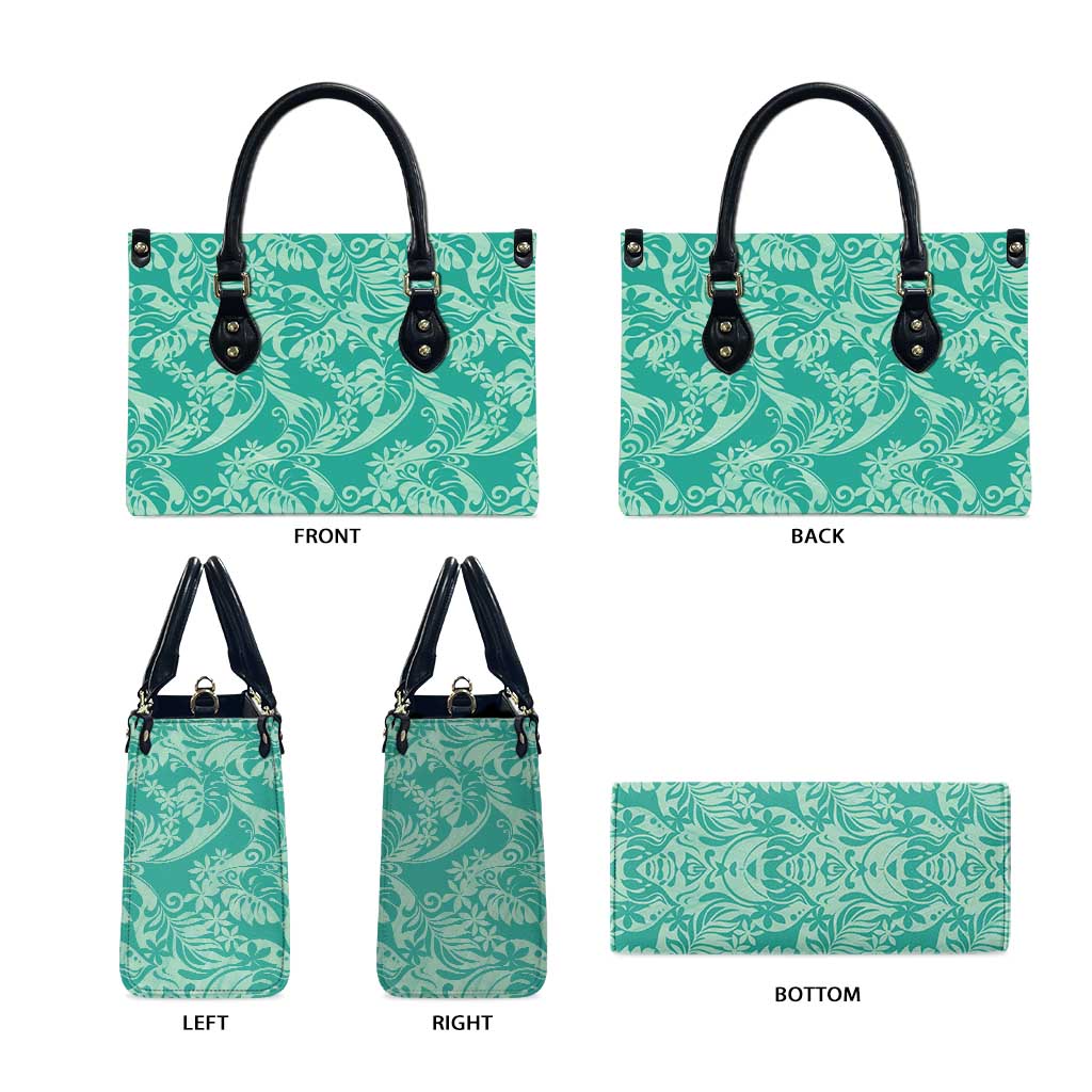 Tahiti Teal Tiare Floral Leather Bag Monstera Palm Tropical Leaves - Polynesian Pride