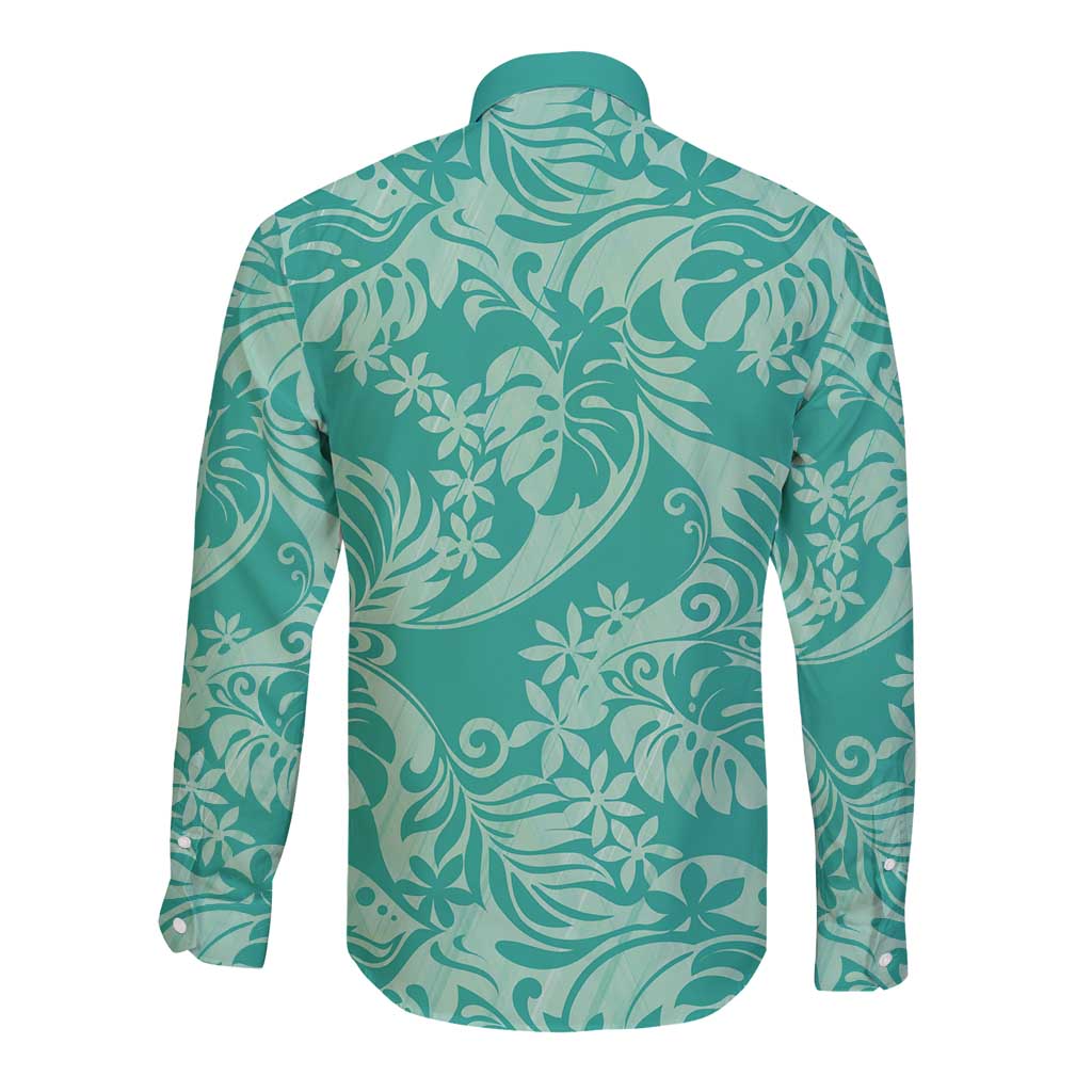Tahiti Teal Tiare Floral Long Sleeve Button Shirt Monstera Palm Tropical Leaves - Polynesian Pride