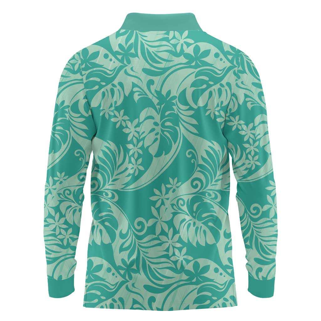 Tahiti Teal Tiare Floral Long Sleeve Polo Shirt Monstera Palm Tropical Leaves - Polynesian Pride