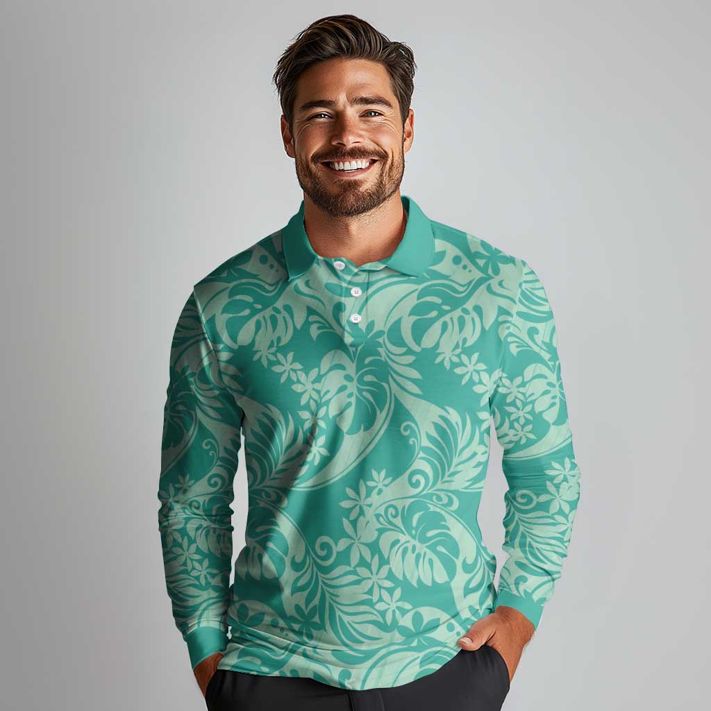 Tahiti Teal Tiare Floral Long Sleeve Polo Shirt Monstera Palm Tropical Leaves - Polynesian Pride