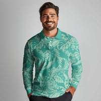 Tahiti Teal Tiare Floral Long Sleeve Polo Shirt Monstera Palm Tropical Leaves - Polynesian Pride