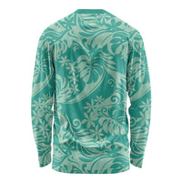 Tahiti Teal Tiare Floral Long Sleeve Shirt Monstera Palm Tropical Leaves - Polynesian Pride