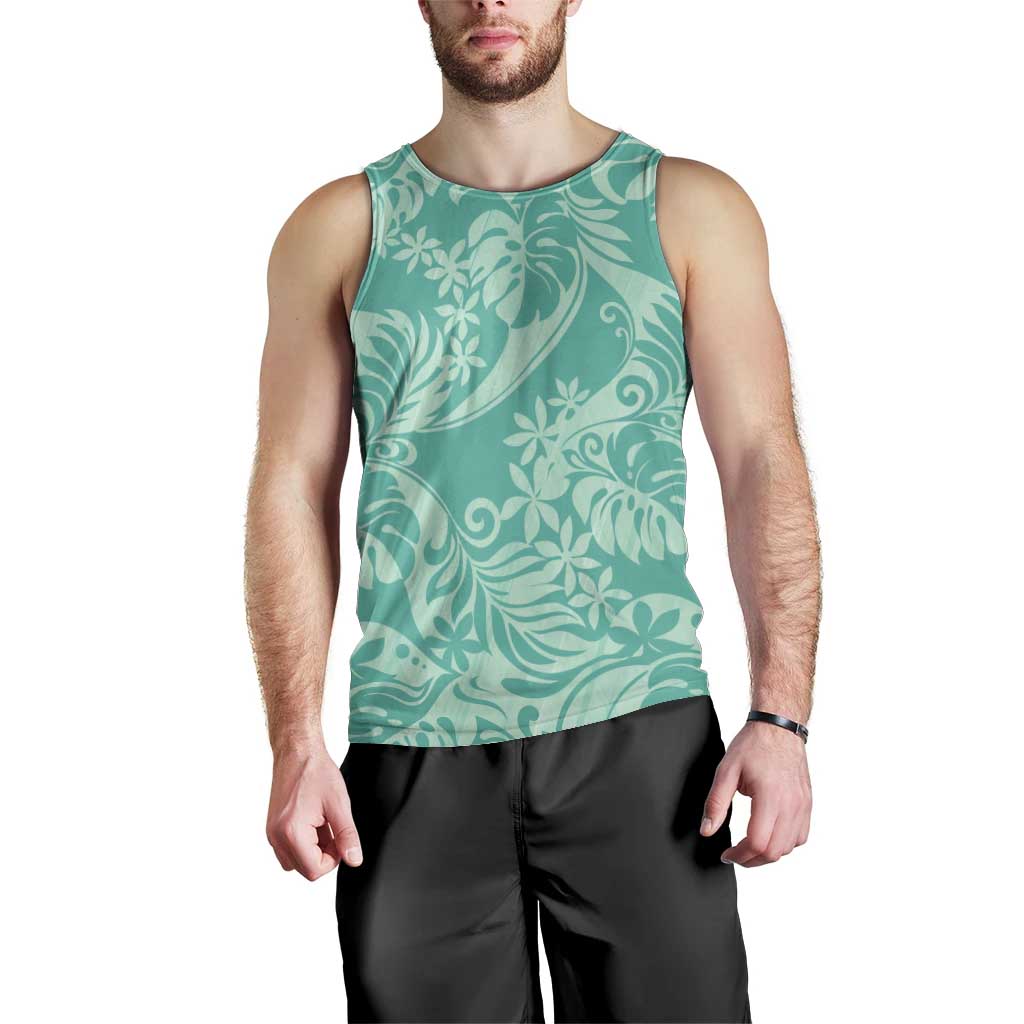 Tahiti Teal Tiare Floral Men Tank Top Monstera Palm Tropical Leaves - Polynesian Pride