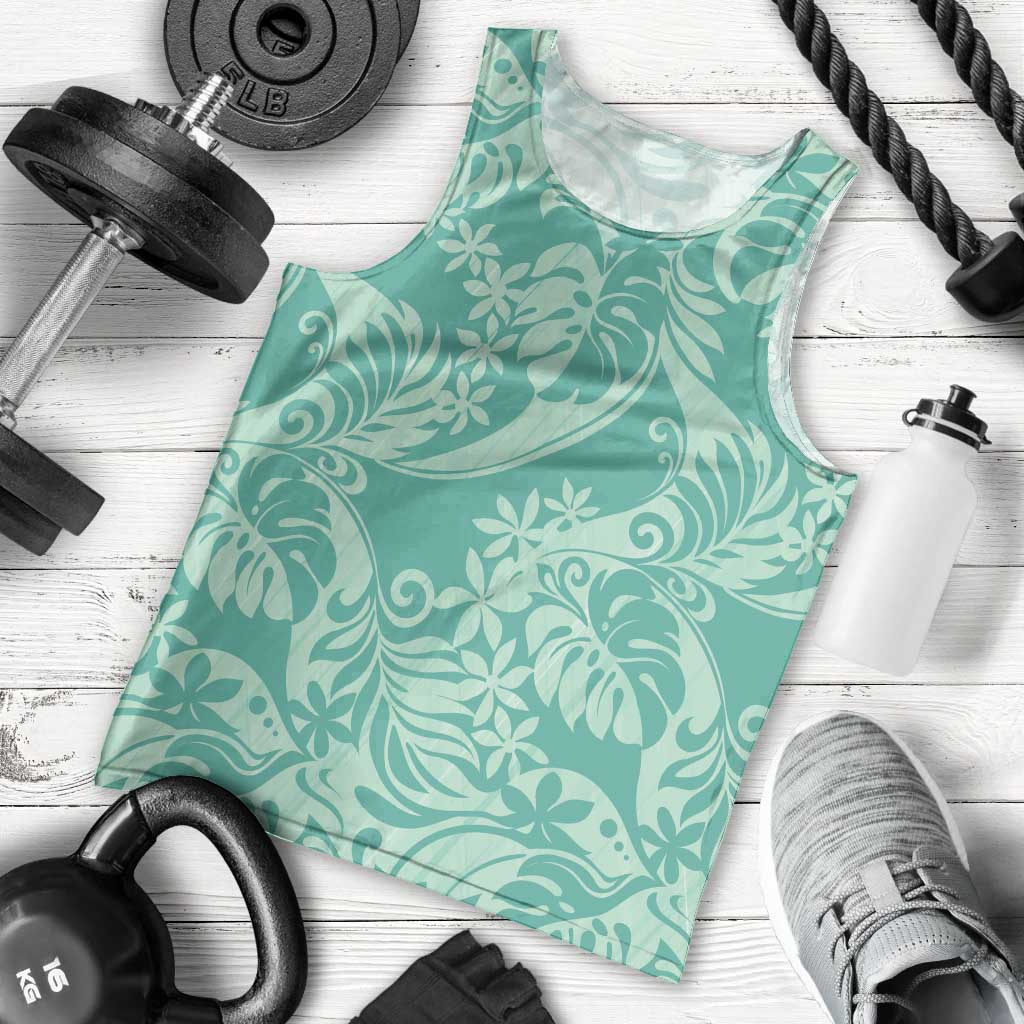 Tahiti Teal Tiare Floral Men Tank Top Monstera Palm Tropical Leaves - Polynesian Pride