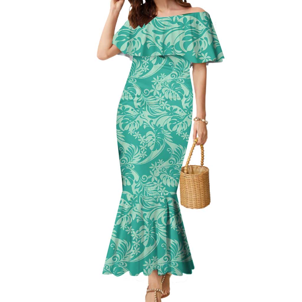 Tahiti Teal Tiare Floral Mermaid Dress Monstera Palm Tropical Leaves - Polynesian Pride