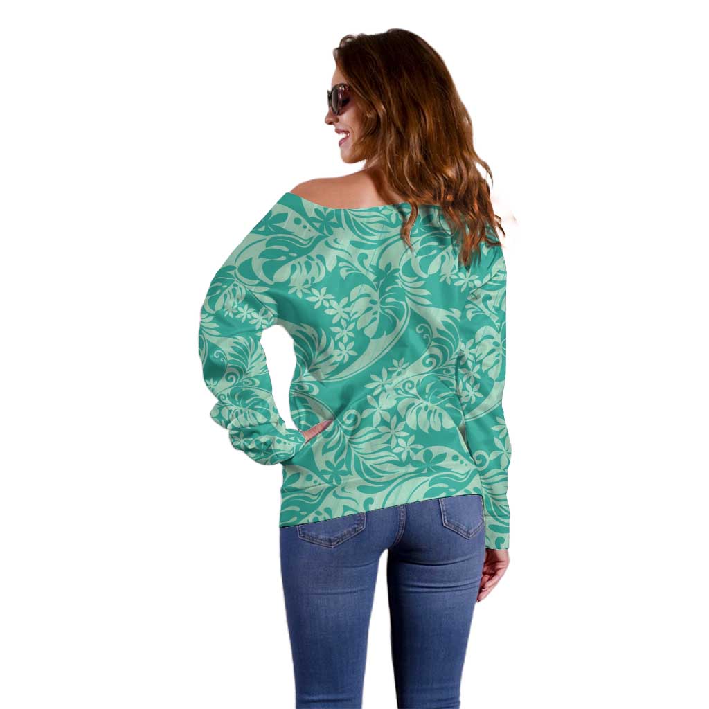 Tahiti Teal Tiare Floral Off Shoulder Sweater Monstera Palm Tropical Leaves - Polynesian Pride