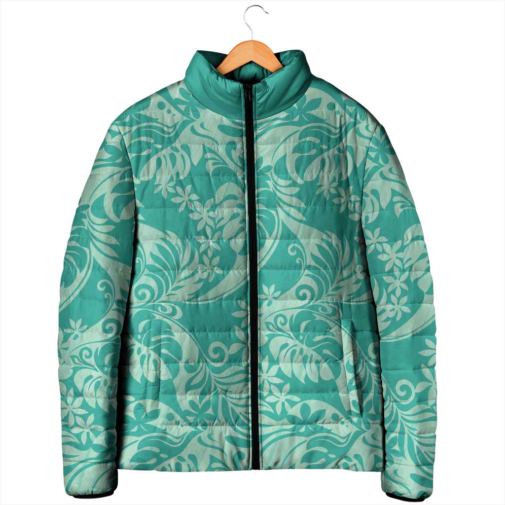 Tahiti Teal Tiare Floral Padded Jacket Monstera Palm Tropical Leaves - Polynesian Pride