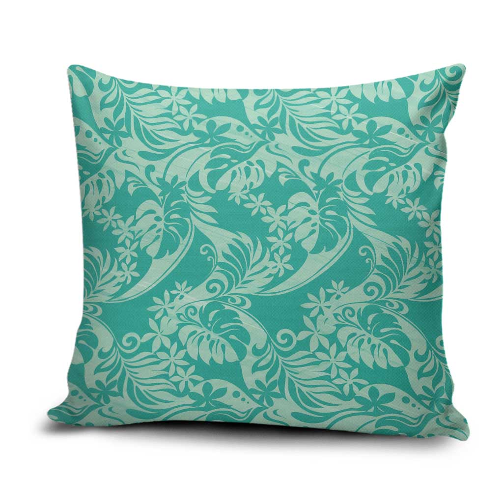 Tahiti Teal Tiare Floral Pillow Cover Monstera Palm Tropical Leaves - Polynesian Pride