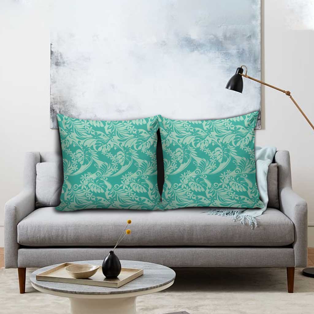 Tahiti Teal Tiare Floral Pillow Cover Monstera Palm Tropical Leaves - Polynesian Pride