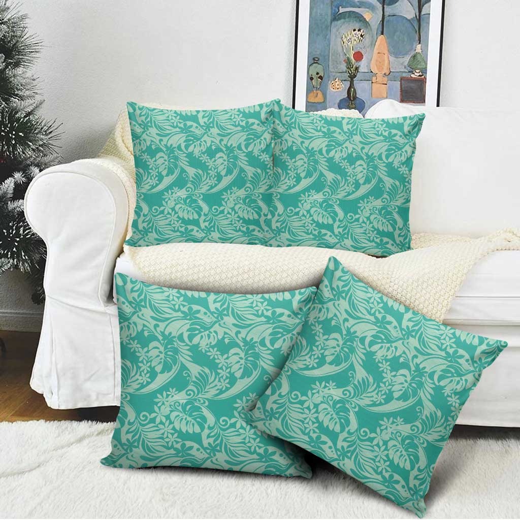 Tahiti Teal Tiare Floral Pillow Cover Monstera Palm Tropical Leaves - Polynesian Pride