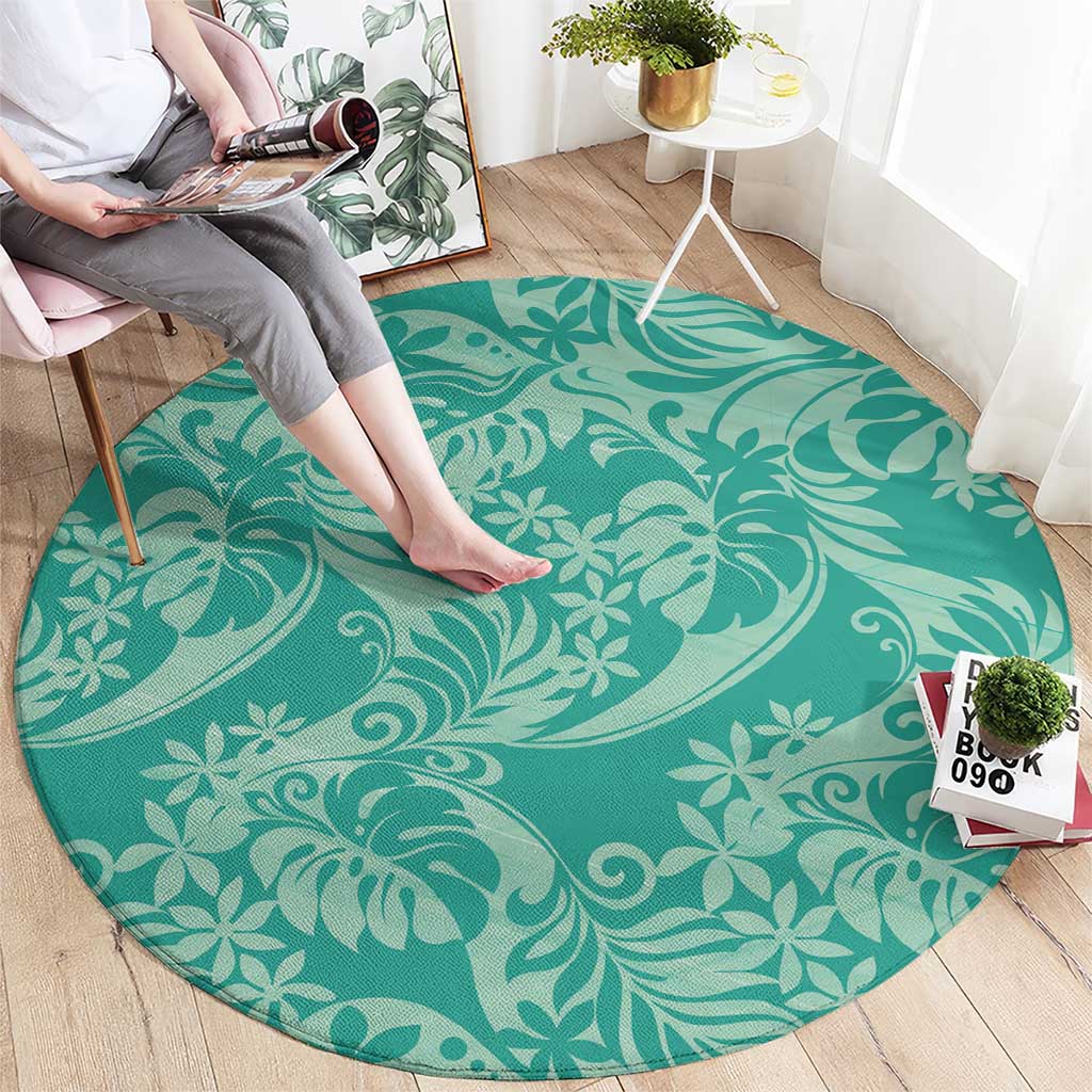 Tahiti Teal Tiare Floral Round Carpet Monstera Palm Tropical Leaves - Polynesian Pride