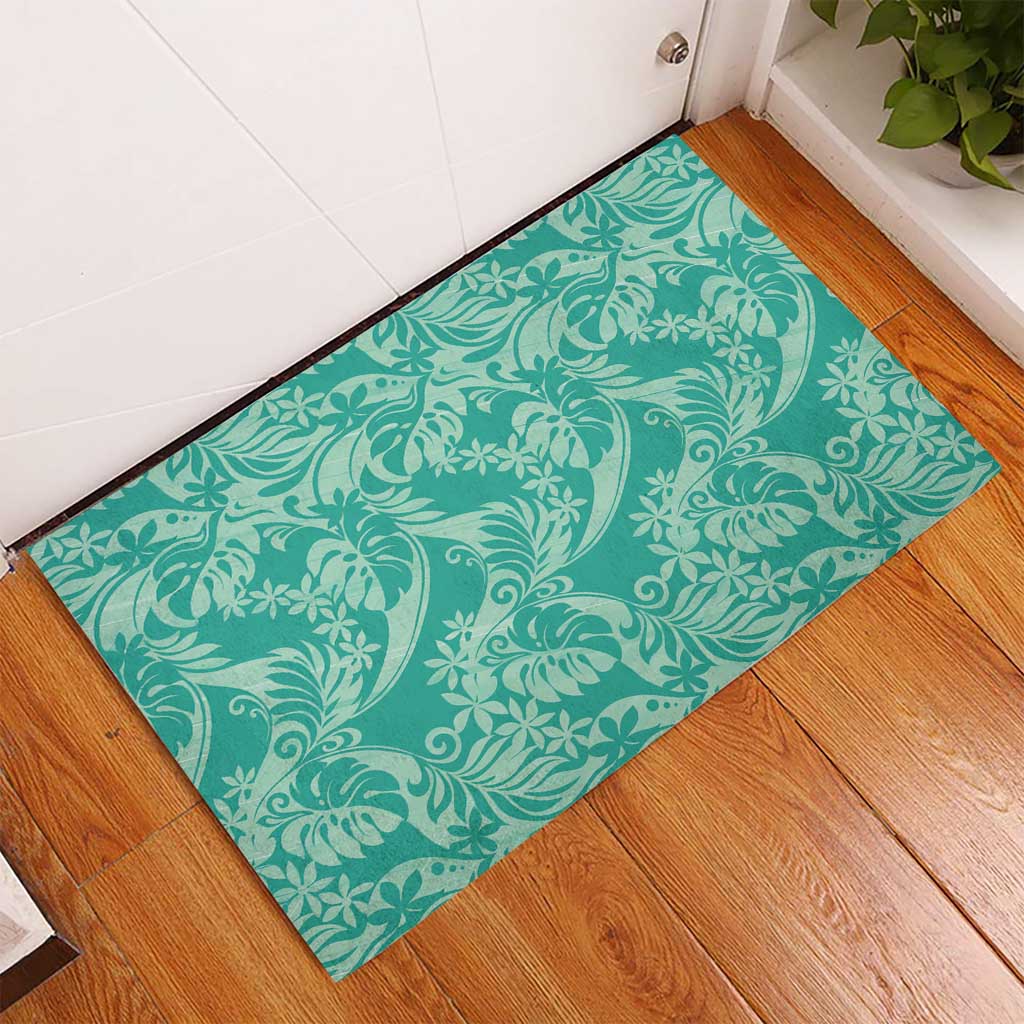 Tahiti Teal Tiare Floral Rubber Doormat Monstera Palm Tropical Leaves - Polynesian Pride