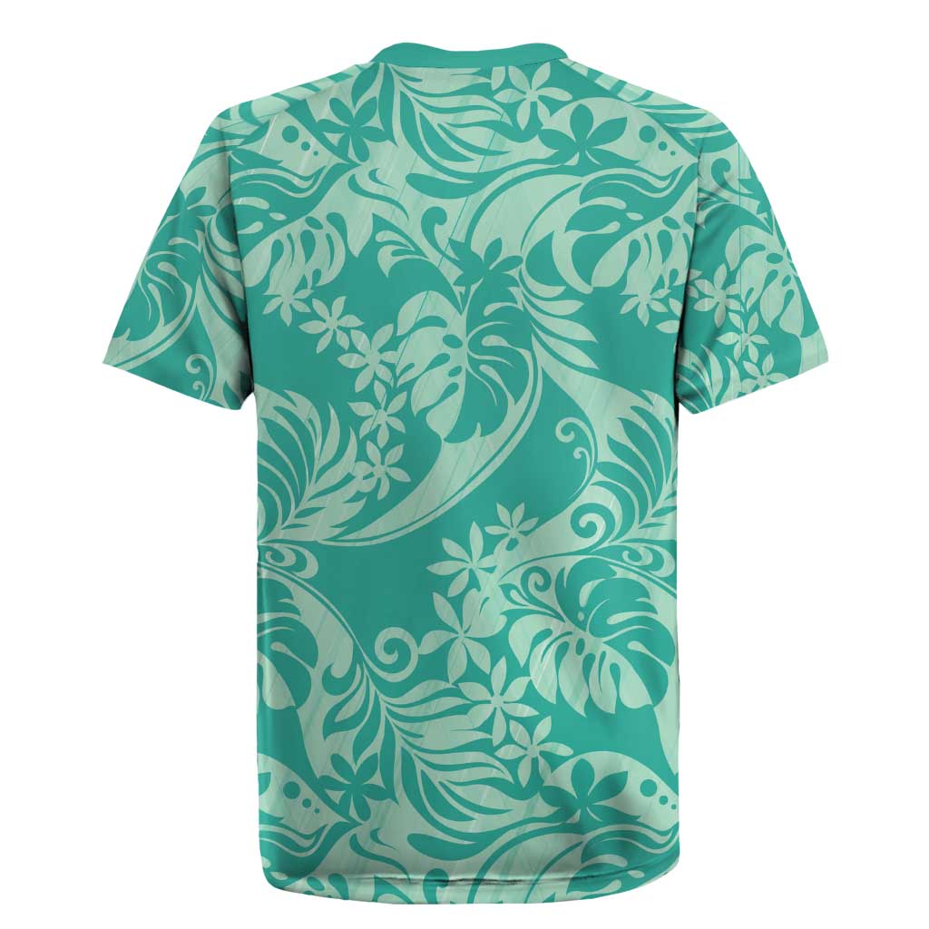 Tahiti Teal Tiare Floral Rugby Jersey Monstera Palm Tropical Leaves - Polynesian Pride