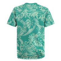 Tahiti Teal Tiare Floral Rugby Jersey Monstera Palm Tropical Leaves - Polynesian Pride