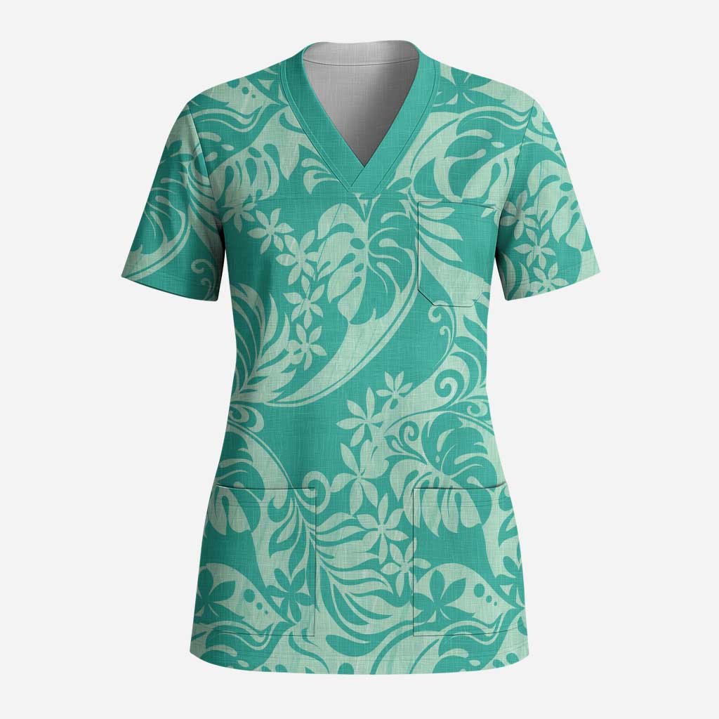 Tahiti Teal Tiare Floral Scrub Top Monstera Palm Tropical Leaves - Polynesian Pride