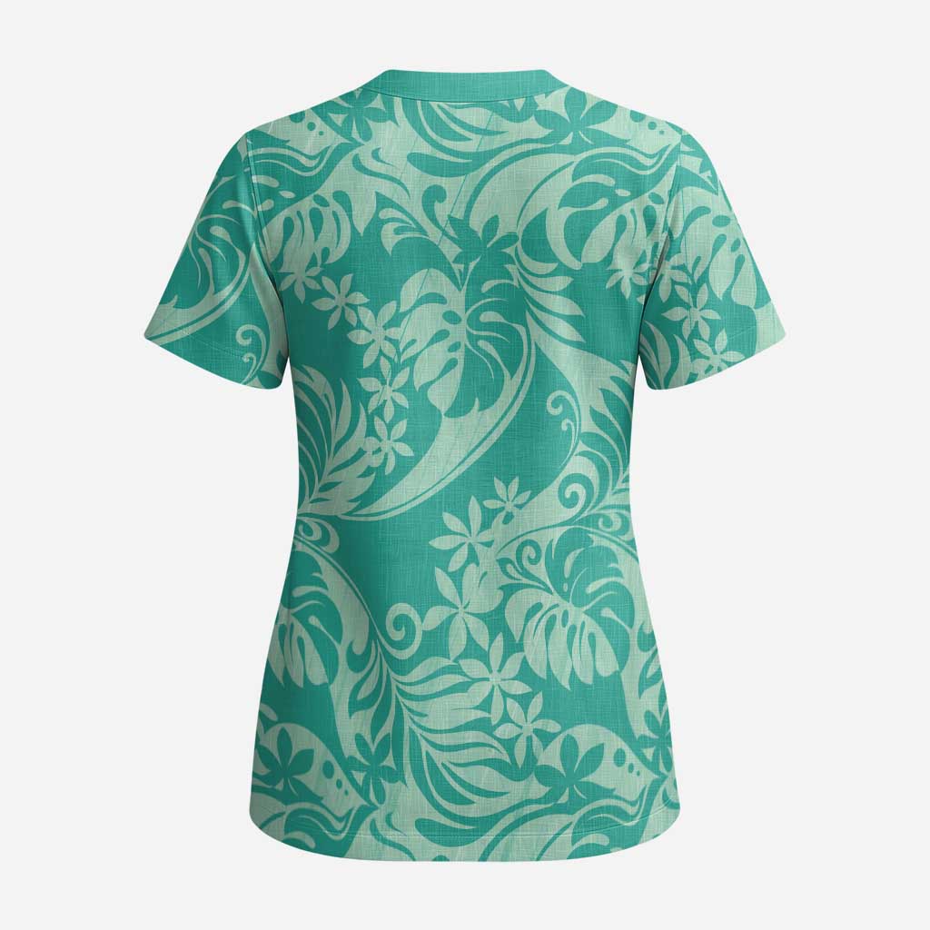 Tahiti Teal Tiare Floral Scrub Top Monstera Palm Tropical Leaves - Polynesian Pride