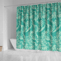 Tahiti Teal Tiare Floral Shower Curtain Monstera Palm Tropical Leaves - Polynesian Pride