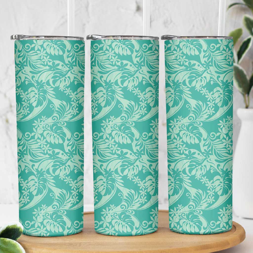 Tahiti Teal Tiare Floral Skinny Tumbler Monstera Palm Tropical Leaves - Polynesian Pride